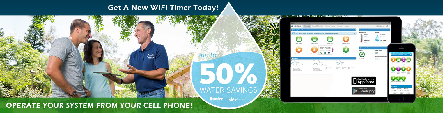 Up to 50% water savings when Pacific Lawn Sprinklers installs a smart wifi controller