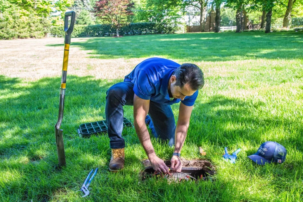 A man kneels on a green lawn, connecting wires in an outdoor irrigation control box.
